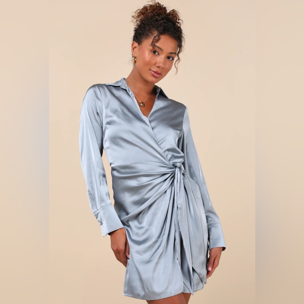Lulus Painterly Perfection Slate Blue Satin Wrap Mini Dress XL NWT